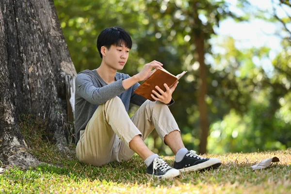 Peaceful Young Asian Man Student Reading Book Park Preparing Exams — Zdjęcie stockowe