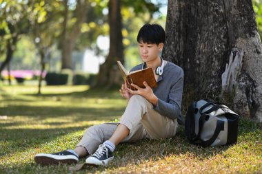 Calm asian man reading book while sitting under tree on green grass at sunny beautiful day with sunlight.