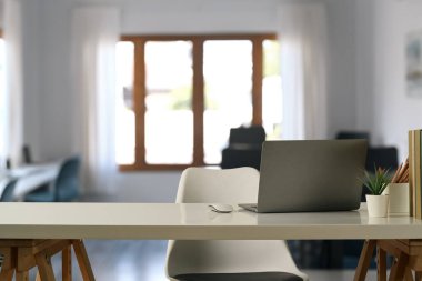 Comfortable home office interior with laptop computer, pencil holder, coffee cup and potted plant on white table.