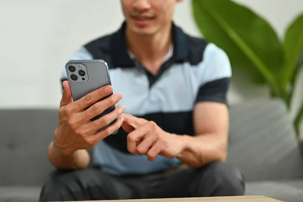 Cropped Shot Pleasant Man Communicating Social Network Smart Phone Relaxing — Fotografia de Stock