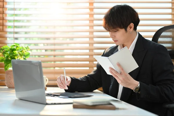 Professional Businessman Using Laptop Computer Checking His Working Schedule Plan — Photo
