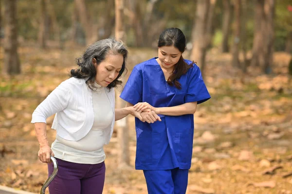 Bakıcı Bir Bayanın Parkta Yürüyen Yaşlı Bir Kadına Yardım Edişinin — Stok fotoğraf