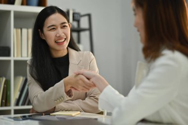 Dost canlısı genç bayan yatırımcı iş ortağıyla görüşmeler sırasında el sıkışıyor ya da anlaşmayı bitiriyor.