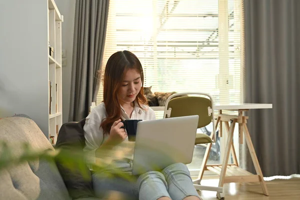 若いですアジアの女性フリーランサー座っていますソファサーフィンインターネット チェック電子メール上のラップトップで午前中 — ストック写真