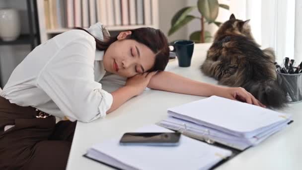 Zmęczona Młoda Kobieta Śpiąca Biurku Dokumentami Kotem Brak Snu Przepracowanie — Wideo stockowe