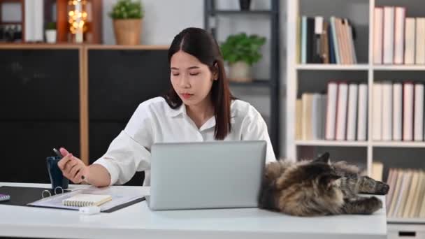Азиатская Женщина Предприниматель Работает Онлайн Дома Используя Ноутбук Делать Заметки — стоковое видео