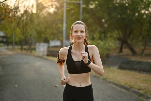 Happy Caucasian Woman Running Park Sunny Summer Day Fitness Training — Stock Photo, Image