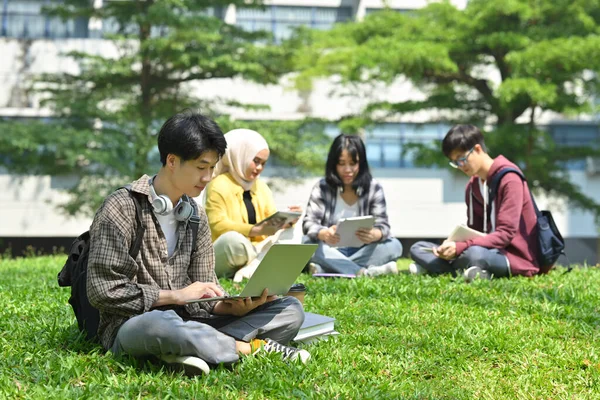 Azjatycki Student Korzystający Laptopa Zielonej Trawie Kampusie Przyjaciółmi Siedzącymi Tle — Zdjęcie stockowe