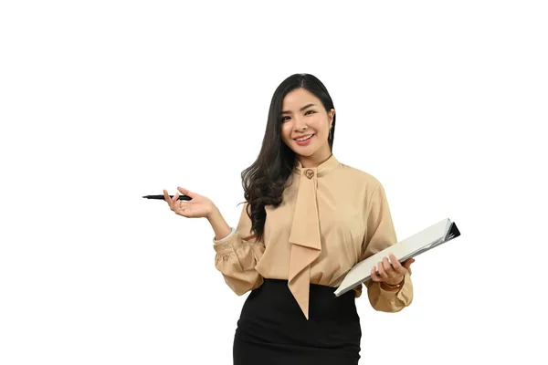 Photo Smart Professional Secretary Holding Pen Notepad Standing Isolated White — Stock Photo, Image