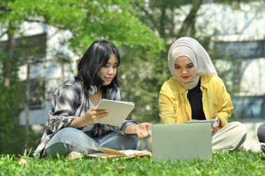 Laptop üzerinde çalışan genç Asyalı üniversite öğrencileri açık hava sınavına hazırlanıyorlar. Eğitim, teknoloji ve toplum kavramı.