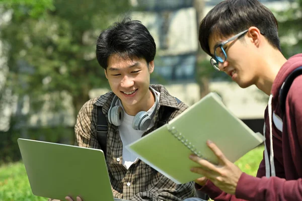 Grupo Estudante Universitário Discutindo Sua Atribuição Casa Usando Laptop Grama — Fotografia de Stock