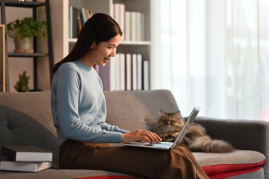 Kanepede dizüstü bilgisayar kullanan ve evcil kediyle gülümseyen Asyalı hoş bir kadın. Yüksek kalite fotoğraf