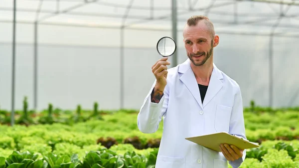 Kavkazští Vědci Držící Lupu Podložku Stojící Mezi Rostlinami Průmyslovém Skleníku — Stock fotografie