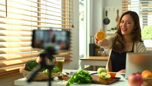 Cheerful Healthy Food Blogger Recording Vlog Smartphone Sharing Vegan Cooking — Stock Video