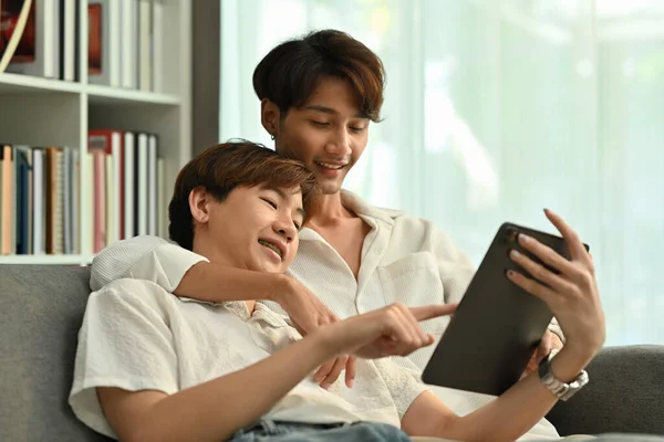 Passionate Homosexual Couple Relaxing Couch Browsing Internet Digital Tablet Lgbt — Stock Photo, Image