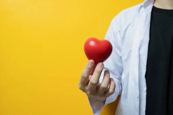 医生手牵着红心的黄色背景心脏科 捐赠和医疗理念 — 图库照片
