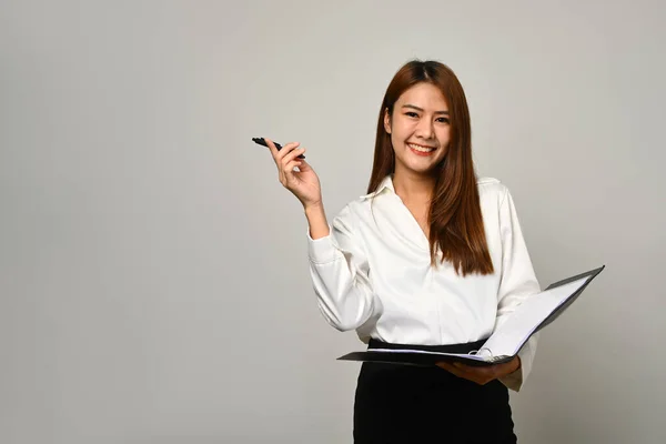 Smiling Young Female Secretary Office Manager Business Assistant Holding Binder — Stock Photo, Image