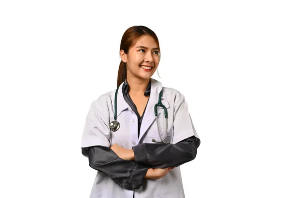 Portrait Friendly Female Doctor White Coat Standing Isolated White Background — Stock Photo, Image