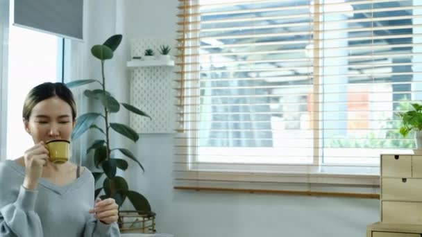 Веселая Молодая Женщина Пьет Кофе Разговаривает Видеосвязи Через Ноутбук Уютном — стоковое видео