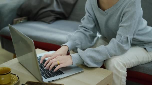 Slow Motion Shot Της Νεαρής Γυναίκας Πληκτρολογώντας Στο Laptop Περιήγηση — Αρχείο Βίντεο