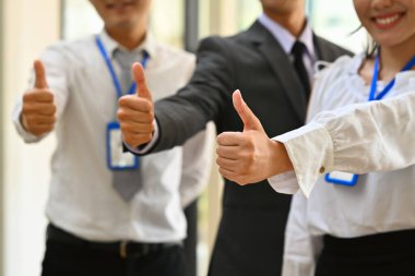 Bir grup ofis çalışanı, finansörler, olumlu, olumlu ya da iyi bir seçim olarak el kol hareketi yapıyorlar..