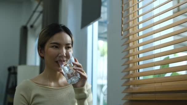 Gyönyörű Fiatal Öltözött Alkalmi Visel Ivás Friss Ásványvíz Üvegből Hidratáció — Stock videók