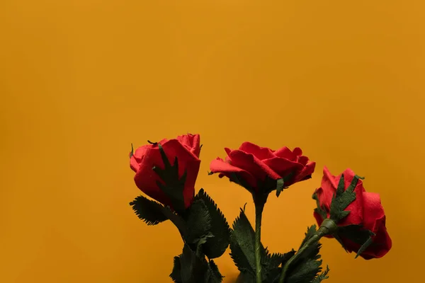 一束红玫瑰 黄色背景 有复制空间 花卉背景 — 图库照片