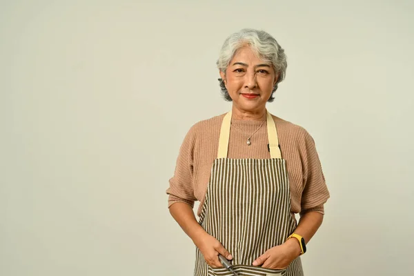 正灰色头发的女人50多岁 穿着围裙 孤立地站在灰色背景下 小企业主概念 — 图库照片