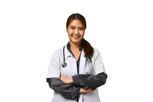 Portrait Smiling Female Doctor Dressed White Coat Stethoscope Isolated White — Stock Photo, Image