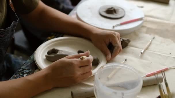 Young Man Creating Handmade Potter Workshop Indoors Lifestyle Activity Handicraft — Stock Video