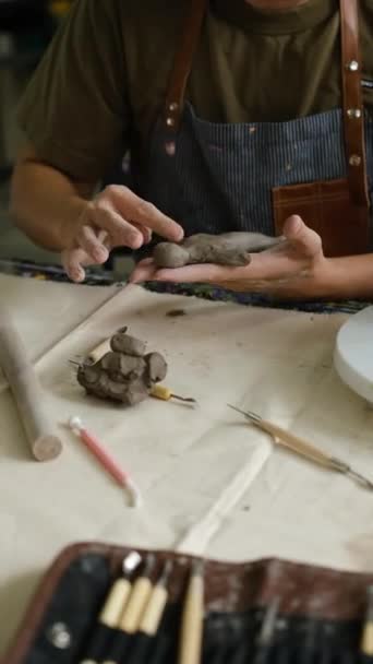 Vertical Shot Stylish Man Modeling Clay Creating Pottery Ceramics Statuette — Stock Video
