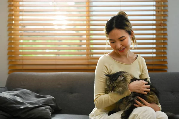 快乐的年轻女人在家里和毛绒绒的猫玩耍 家庭宠物和生活方式概念 — 图库照片