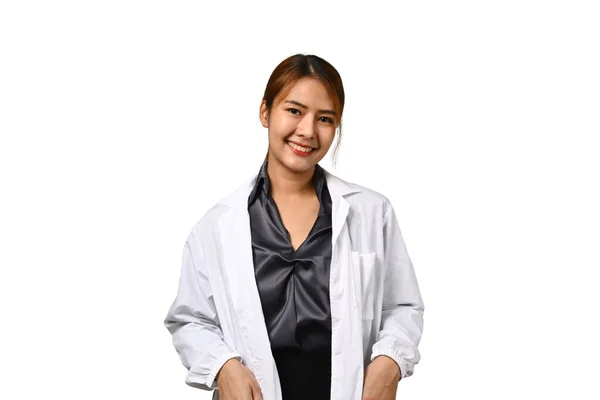 Portré Női Egészségügyi Dolgozó Öltözött Fehér Kabátot Pózol Fölötti Elszigetelt — Stock Fotó