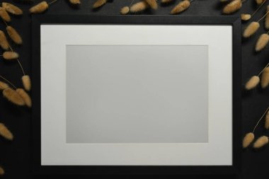 Ahşap çerçeve kurumuş tüylü tavşan kuyruğu ile çevrili siyah arka planda çimenler.