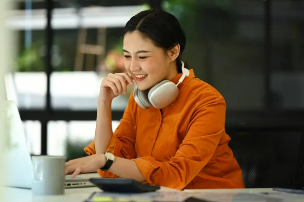 Happy Young Stylish Woman Headphone Neck Working Online Laptop Computer — Stock Photo, Image