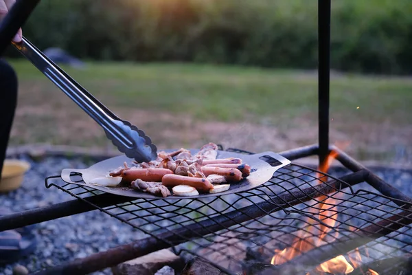 Unrecognizable Man Cooking Fire Campsite Tourism Recreation Camping Travel Concept — Stock Photo, Image