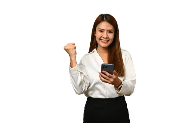 Νικητής Νίκη Γιορτή Και Επιτυχία Έκπληκτη Γυναίκα Κρατώντας Smartphone Και — Φωτογραφία Αρχείου