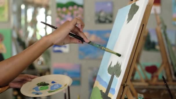 Concentrated African American Student Woman Painting Canvas Watercolors Art Class — Video