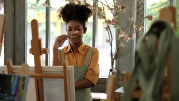 Talented African American Female Artist Creating Masterpiece Painting Picture Canvas — Video