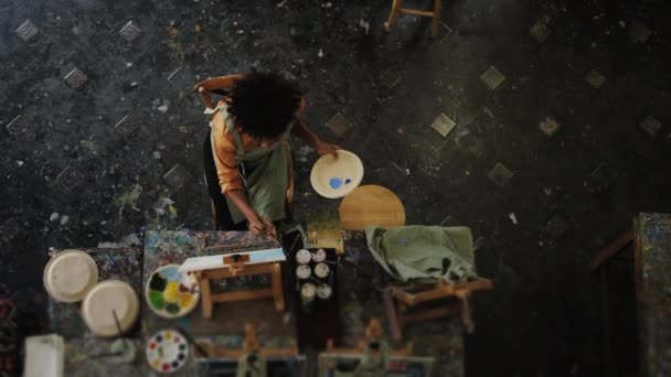 Overhead View Calm Female Artist Painting Picture Canvas Art Studio — Video