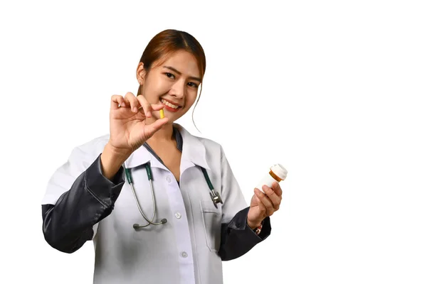 Smiling Female Health Worker Holding Bottles Pills Blank White Label — Stock Photo, Image