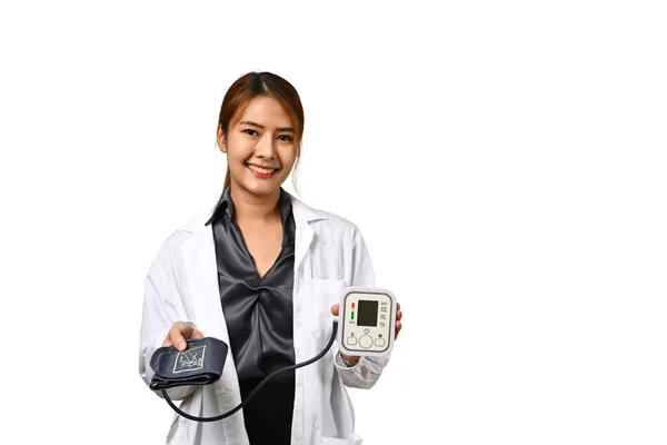 Healthcare Worker White Coat Holding Digital Blood Pressure Monitor White — Stock Photo, Image