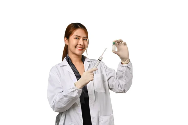 Smiling Female Doctor Holding Syringe Isolated White Background Medicine Immunization — Stock Photo, Image