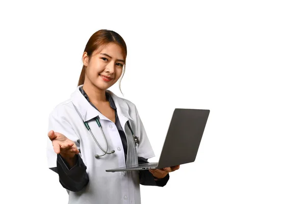 Smiling Female Doctor Holding Laptop Isolated White Background Medicine Technology — Stock Photo, Image