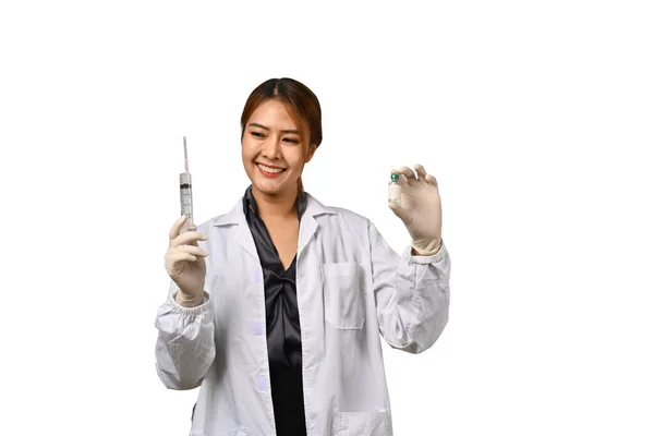 Smiling Female Doctor Holding Syringe Isolated White Background Medicine Immunization — Stock Photo, Image