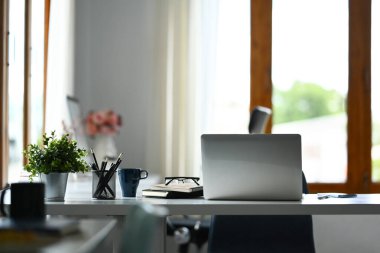 Laptop, kahve fincanı, kitaplar ve beyaz masa üzerinde saksı bitkisi olan rahat bir iş yeri..
