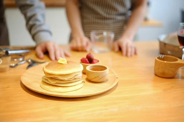 Tasty Homemade Pancakes Butter Maple Syrup Wooden Plate — Stock Photo, Image