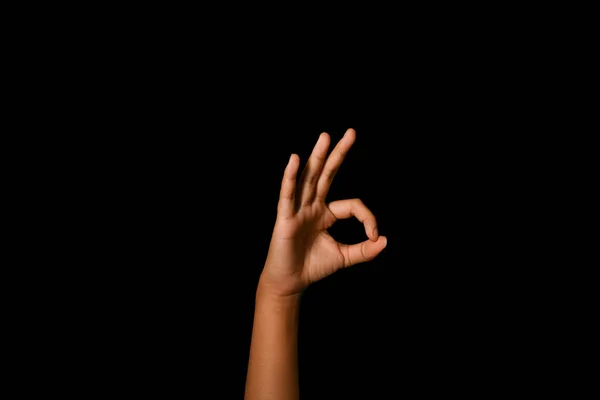 Ręka Robi Dobrze Znak Czarnym Tle Znak Aprobaty Dobry Nastrój — Zdjęcie stockowe
