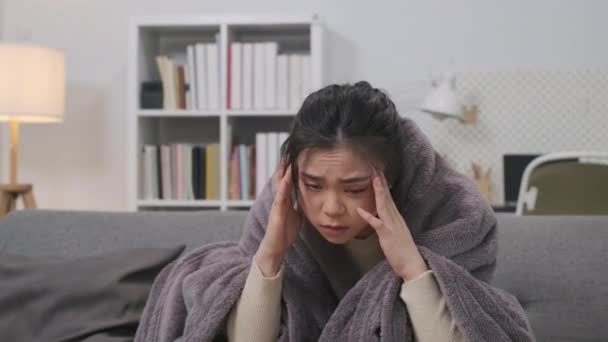 Sick Woman Suffering Strong Chronic Headache Migraine While Covered Blanket — Stock Video