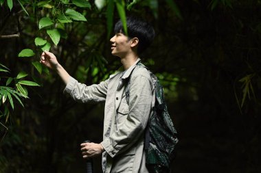 Sırt çantasıyla ormanı keşfeden mutlu bir turist. Seyahat, macera ve aktif yaşam konsepti.